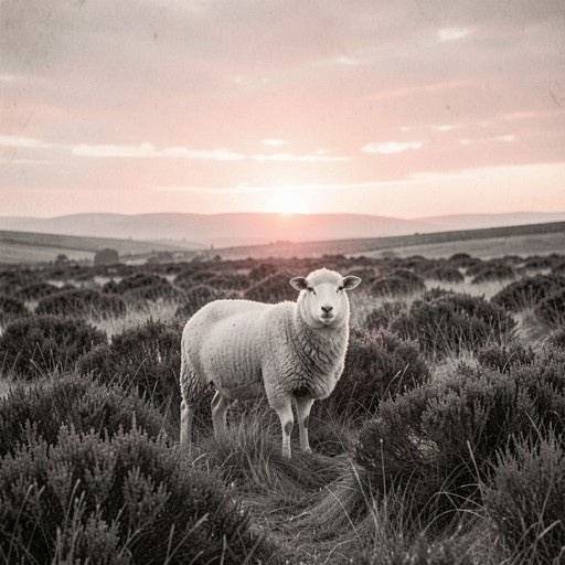 A lone sheep stands in a field of low bushes looking at the camera with a sunset and rolling hills in the background.