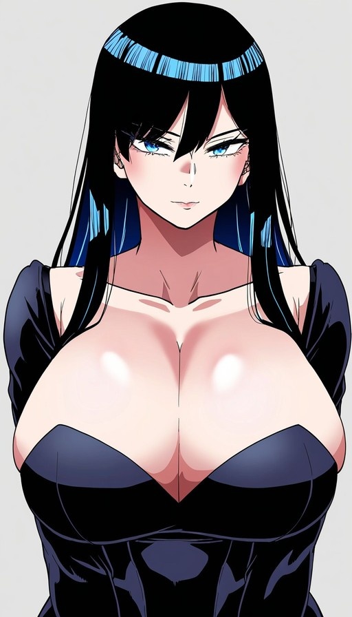 Anime woman with long black hair and blue highlights wearing a low-cut black off-shoulder dress.