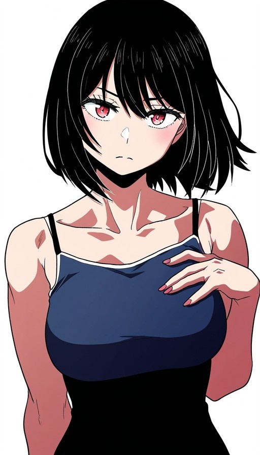 Anime character Mifune Shioriko with short black hair and red eyes wearing a blue camisole, looking at the viewer with a serious expression.