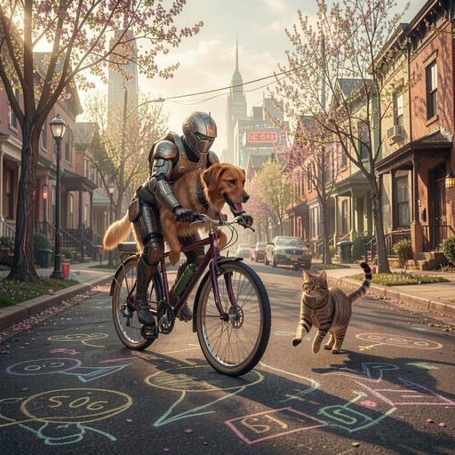 An armored figure riding a bicycle with a golden retriever on the seat and a tabby cat running alongside on a street covered in chalk drawings.