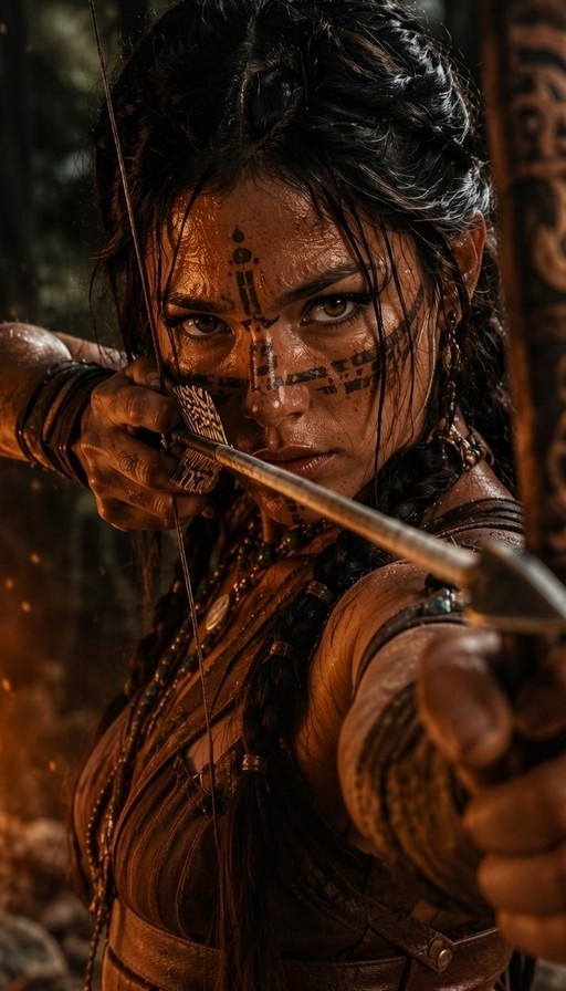 A close-up of a dark-skinned female warrior with tribal face paint and braided hair, aiming a bow and arrow directly at the viewer in a warm-lit forest setting.