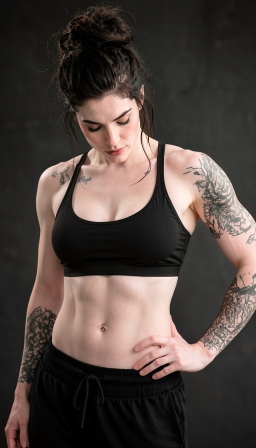 A fit woman with dark hair in a bun stands with one hand on her hip, wearing a black sports bra and sweatpants while displaying intricate arm tattoos and a navel piercing against a dark background.