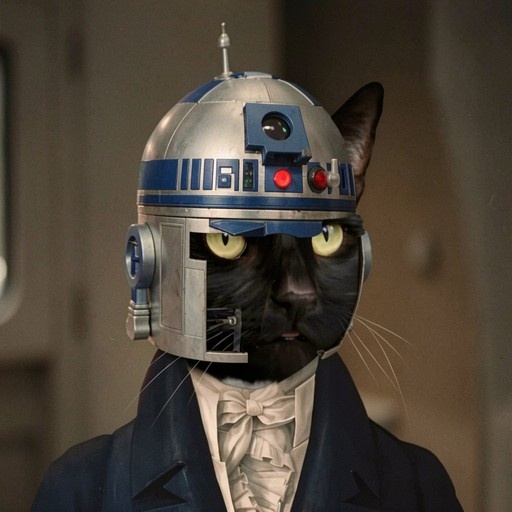 A realistic black cat with yellow eyes wearing a detailed R2-D2 helmet and a formal dark blue coat with a white ruffled cravat.