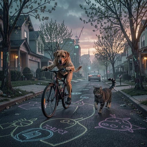 A golden retriever rides a bicycle down a residential street at dusk while a tabby cat walks alongside, passing colorful chalk drawings on the pavement.