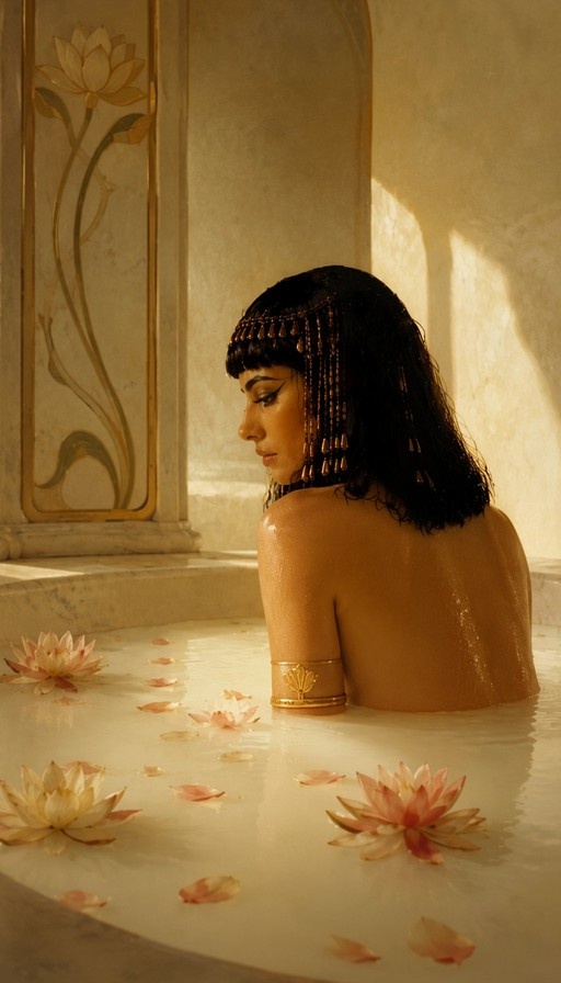 A dark-skinned woman with black hair and a gold headdress sits in a marble bathtub filled with lotus flowers, wearing a gold armlet.