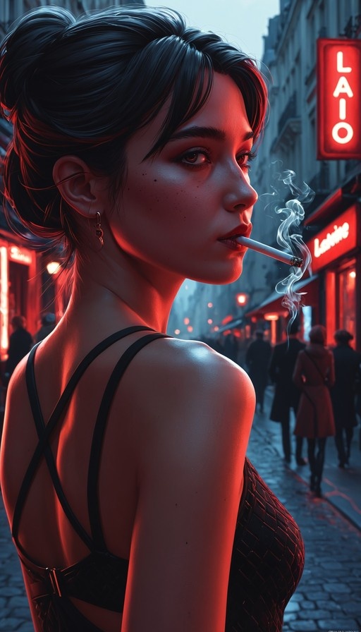 A young woman with dark hair in a bun and freckles smokes a cigarette on a city street illuminated by red neon signs, looking back over her shoulder.