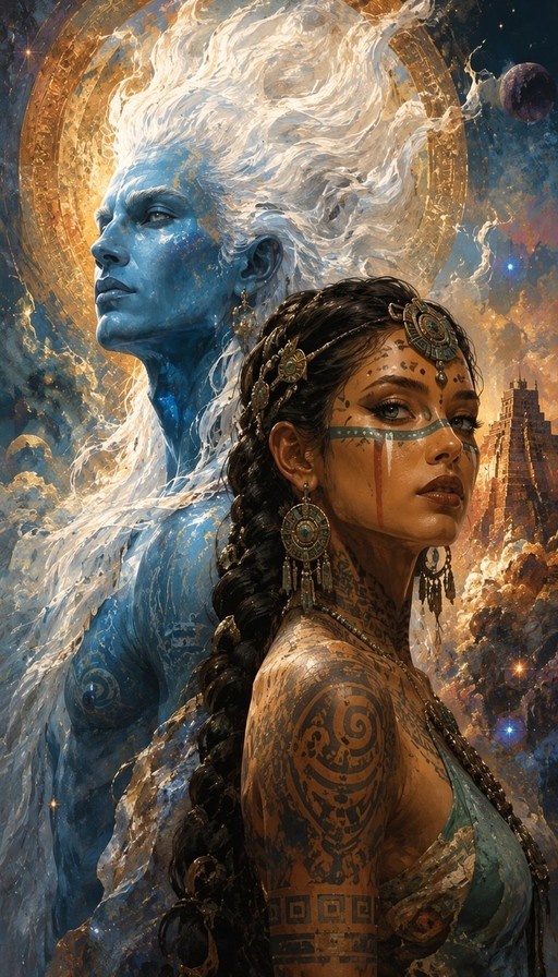 A dark-skinned woman with tattoos and jewelry stands before a large blue-skinned male figure with white hair in a fantasy setting.