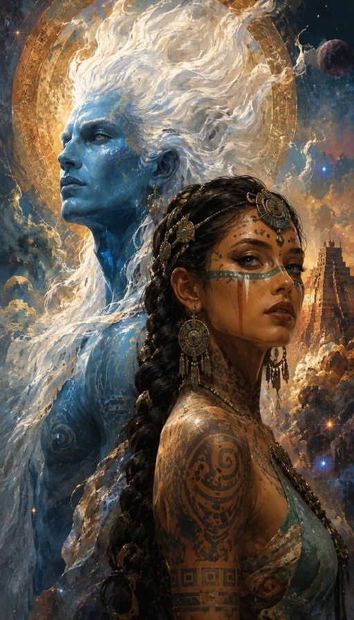 A blue-skinned celestial figure with white hair stands behind a dark-skinned woman wearing tribal tattoos and jewelry against a starry sky.