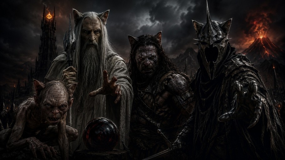 Four Lord of the Rings characters with cat ears standing in front of Barad-dûr and Mount Doom