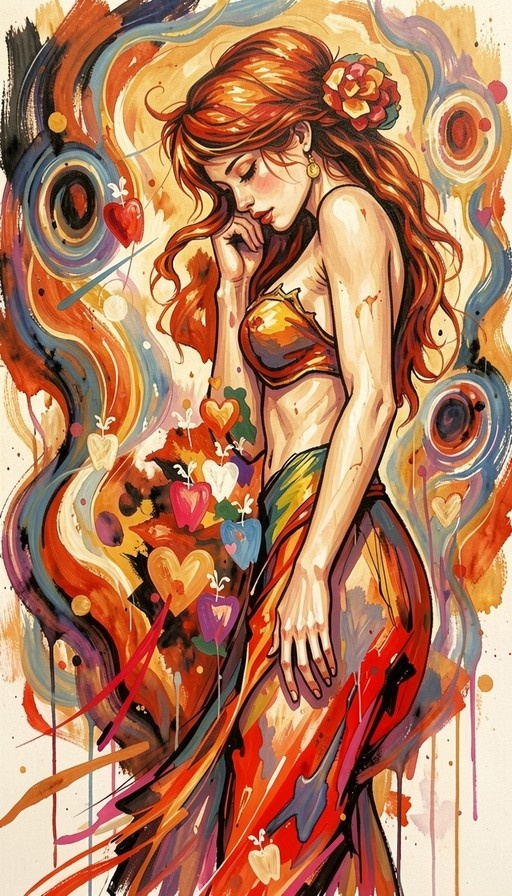 A vertical illustration of a red-haired woman with closed eyes and a flower in her hair, wearing gold jewelry and surrounded by floating hearts and colorful abstract swirls.