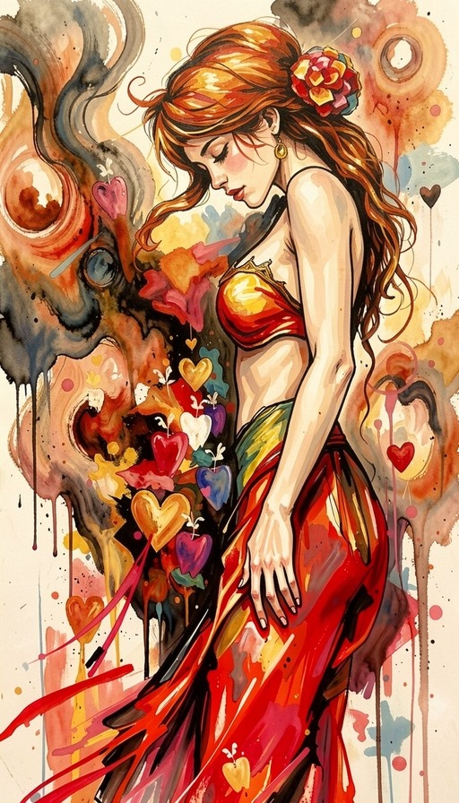 A watercolor-style digital illustration of a woman in profile with closed eyes, wearing a colorful flower in her long hair and standing amidst abstract splashes and floating hearts.