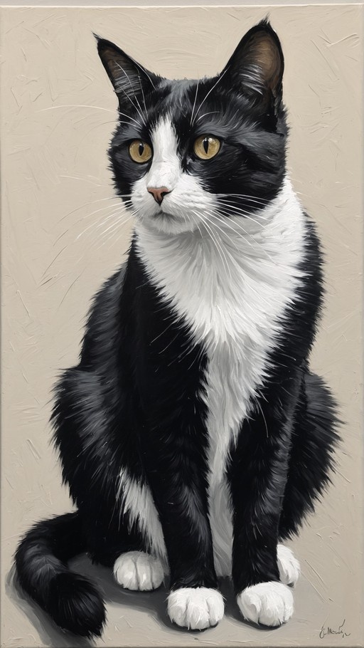 A realistic painting of a fluffy black and white tuxedo cat sitting upright with bright yellow eyes against a textured beige background.