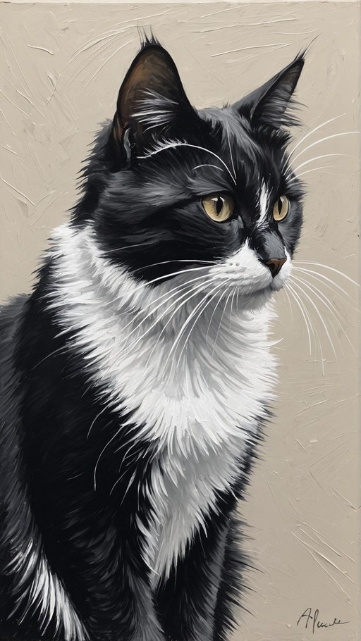 A realistic digital painting of a black and white cat with yellow eyes, featuring thick brushstroke textures and long whiskers against a beige background.