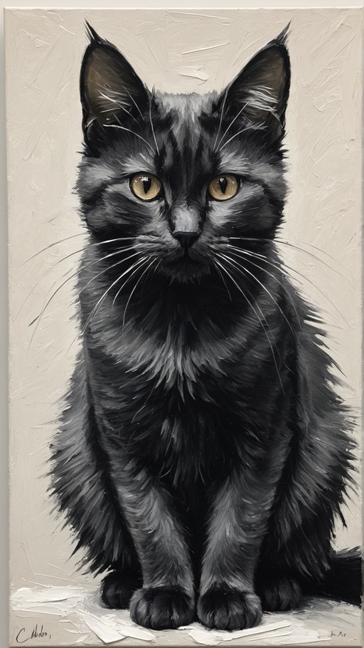 A realistic painting of a fluffy black cat with bright yellow eyes sitting upright and looking directly at the viewer against a textured background.
