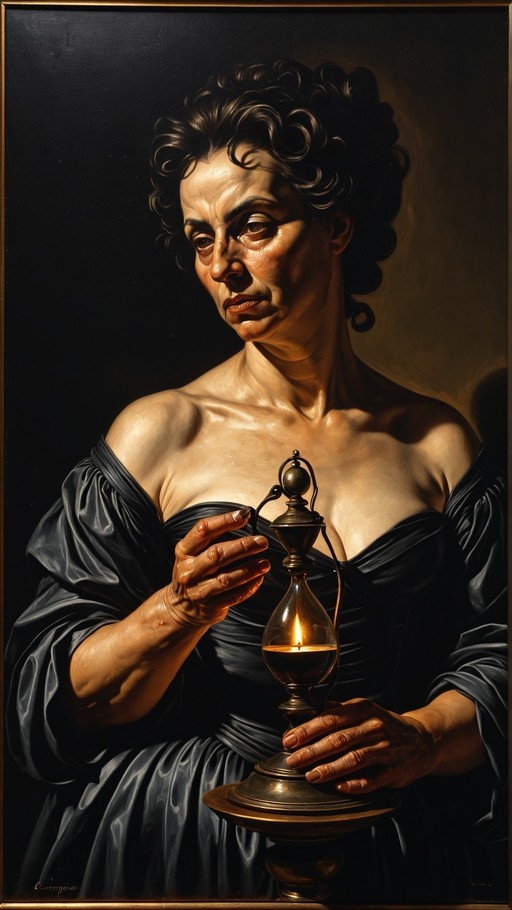 A classical-style portrait of an older woman with dark curly hair wearing a black off-shoulder dress, holding a lit oil lamp that casts a warm glow on her face against a dark background.