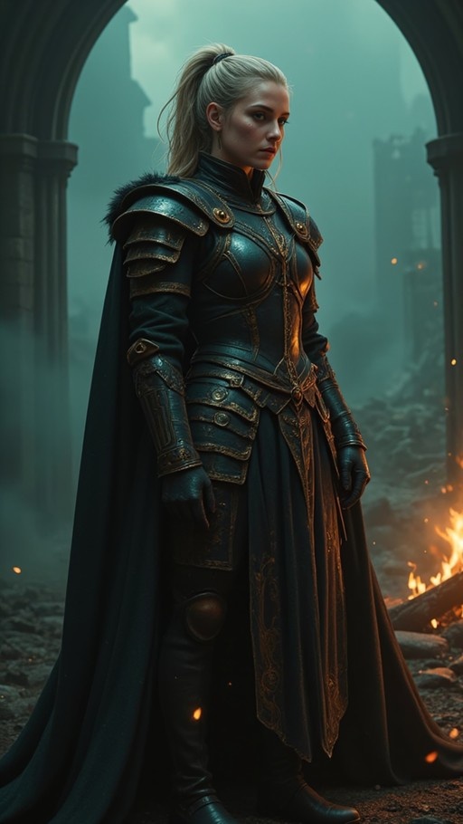 A full-body portrait of a blonde female warrior in dark ornate armor and a fur-trimmed cape standing near a fire in misty ruins.