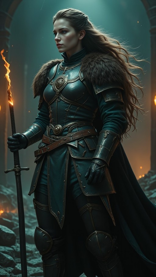 A realistic digital painting of a female warrior in dark teal armor with fur trim, holding a sword upright in a stone ruin lit by torches.