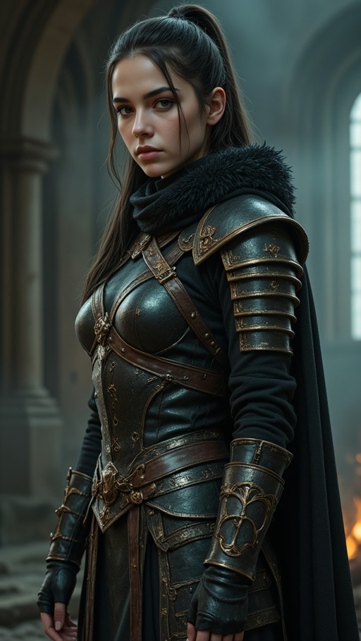 A young woman with dark hair in a ponytail wearing detailed black and gold armor with fur trim stands indoors looking at the viewer.