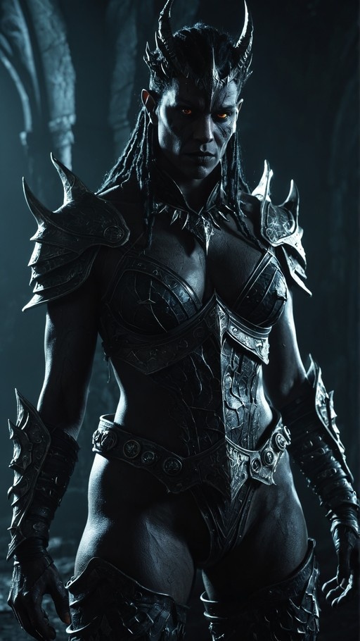 A dark-skinned female warrior with horns and dreadlocks wearing spiked black armor and glowing orange eyes.