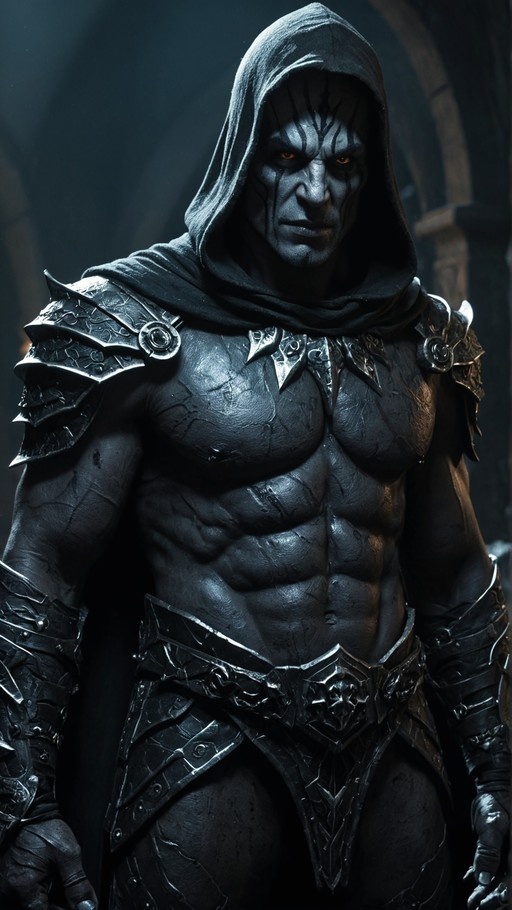 A muscular fantasy warrior with grey cracked skin wears a dark hood and heavy black armor, looking forward with glowing orange eyes.