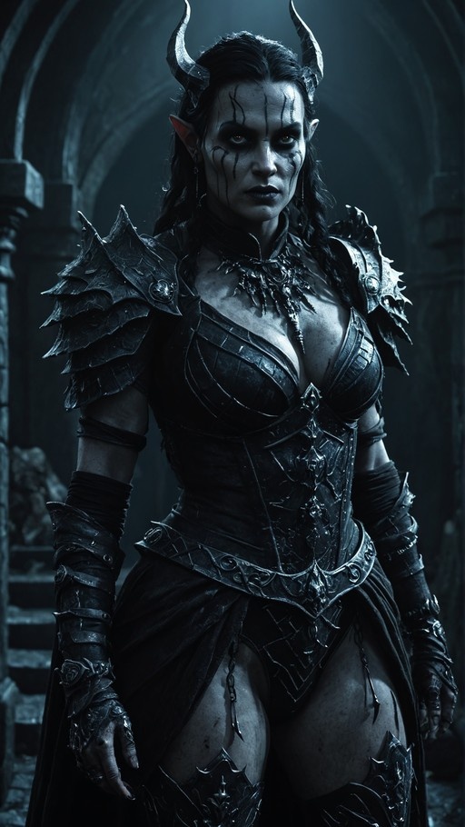 A pale-skinned dark elf warrior with curved horns and pointed ears stands in a stone corridor wearing elaborate black spiked armor and looking forward.