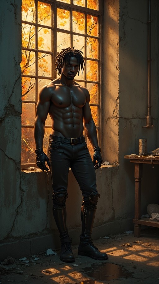 A full-body shot of a muscular dark-skinned man with dreadlocks and a headband standing in an abandoned room with cracked walls, wearing black gloves and pants, illuminated by sunlight from a large window showing autumn foliage.