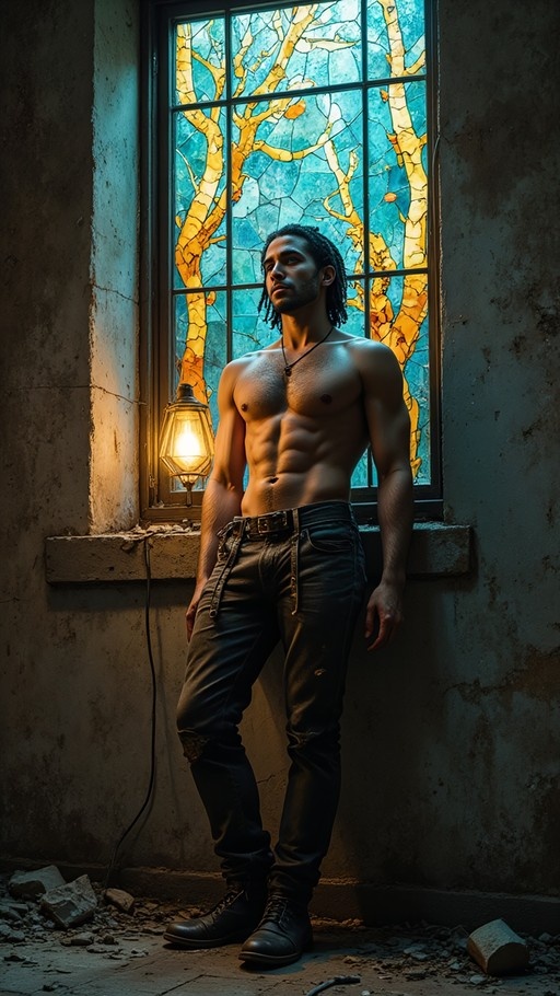 Shirtless muscular man with dreadlocks standing in front of a stained glass window in a ruined room.