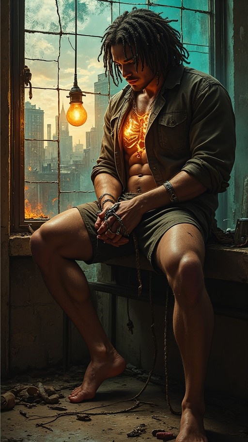 A dark-skinned man with dreadlocks sits by a window with a glowing chest and dystopian city view.