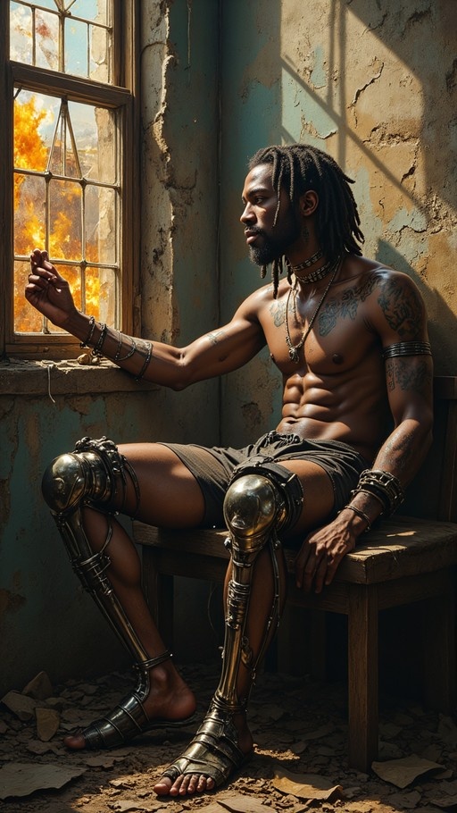 A shirtless muscular man with dreadlocks and tattoos sits on a bench in a ruined room, wearing metallic leg armor and looking out a window at an orange sky.