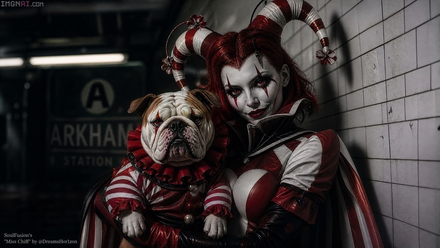 Harley Quinn cosplay holding a bulldog in a matching jester outfit with an Arkham Station sign in the background.