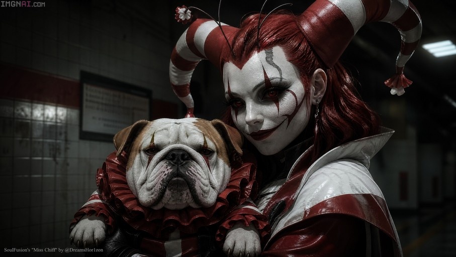 A red-haired woman in a jester outfit holding a bulldog with matching face paint and a ruff collar.