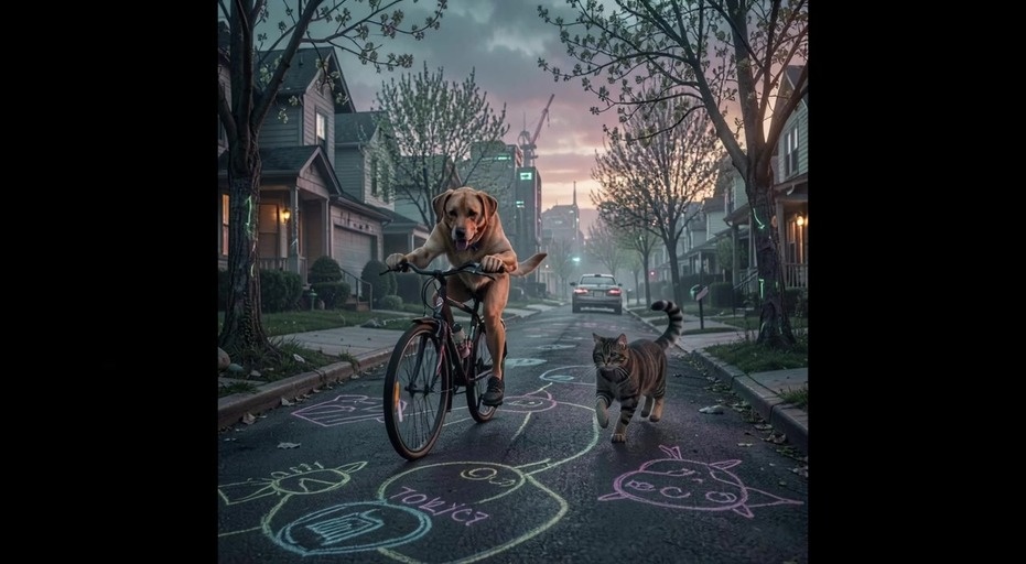 A golden retriever rides a bicycle down a residential street while a tabby cat walks alongside it, with colorful chalk drawings visible on the pavement.