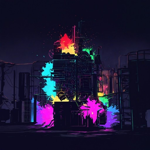 Pixel art illustration of an industrial building at night with a burst of bright neon colors exploding from the center against a dark sky.