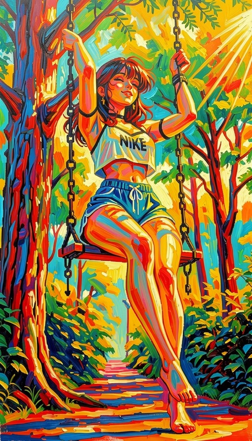 A vibrant, painterly illustration of a smiling young woman with closed eyes sitting on a swing in a colorful forest, wearing a white Nike crop top and blue shorts.
