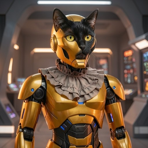 A black cat with yellow eyes wearing a gold robotic exoskeleton and ruffled collar in a futuristic setting.