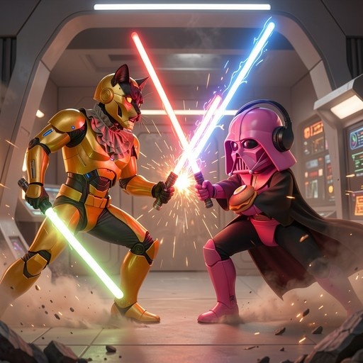 A golden armored cat character with red and green lightsabers duels a pink Darth Vader figure holding a blue lightsaber in a spaceship hallway.