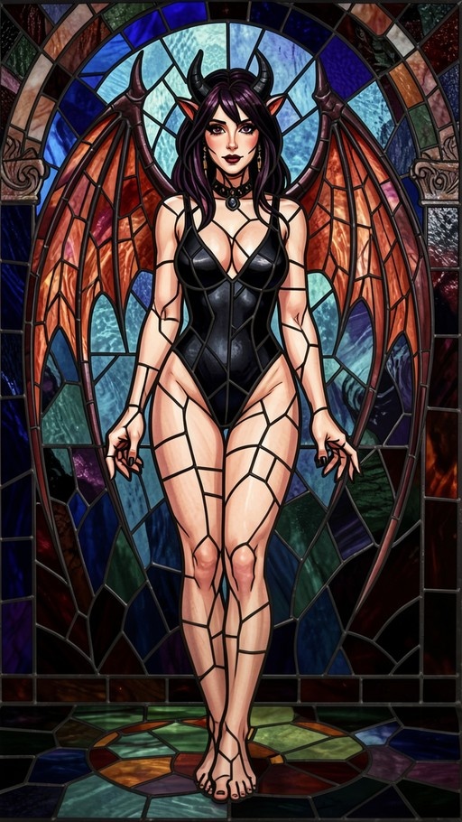 A stained-glass style portrait of a standing demoness with purple hair, black horns, and large wings wearing a black leotard.
