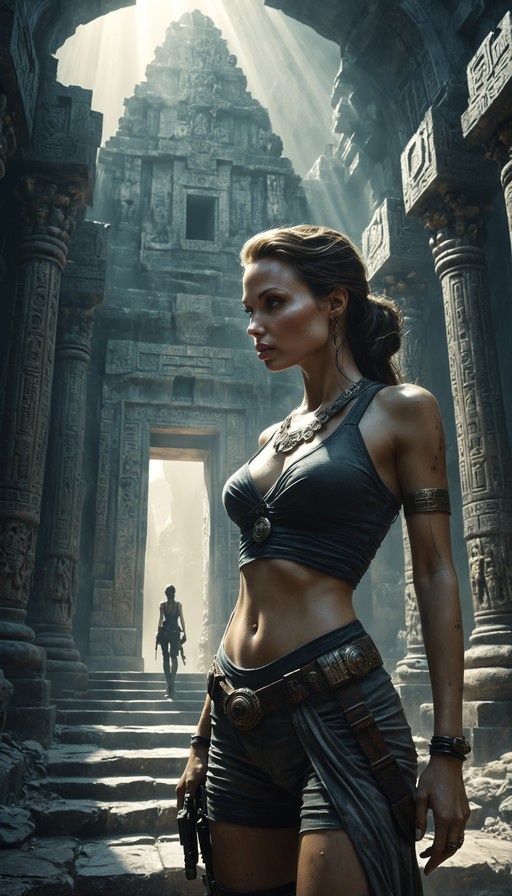 A woman with a ponytail in a tank top and shorts stands in a sunlit ancient ruin holding a gun.