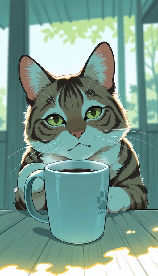 A tabby cat with green eyes holding a light blue coffee mug on a wooden table in the sunlight.