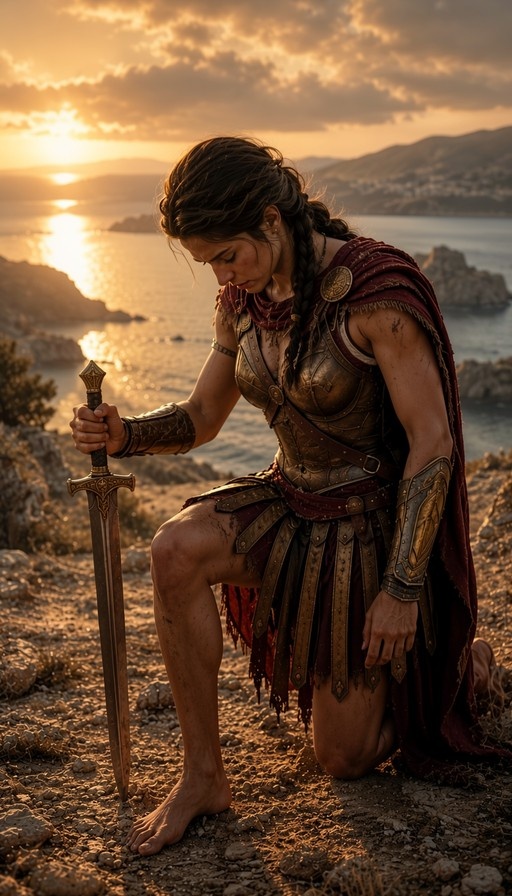 A barefoot female warrior in armor and a red cape kneels on a rocky shore holding a sword planted in the ground at sunset.