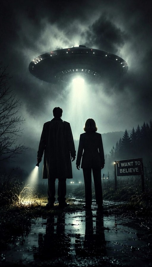Mulder and Scully standing on a wet road at night looking up at a large UFO hovering above with a beam of light, next to an 'I Want To Believe' sign.