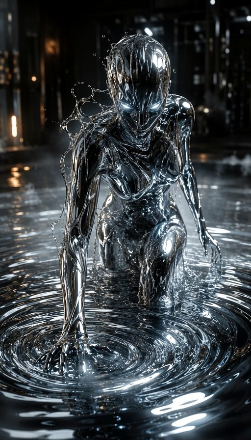 A shiny silver metallic female figure with glowing eyes crouches in dark rippling water at night.