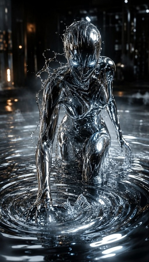 A shiny, silver liquid-metal humanoid figure kneels in a dark puddle at night, with glowing white eyes and one hand touching the rippling water surface against a blurred city background.