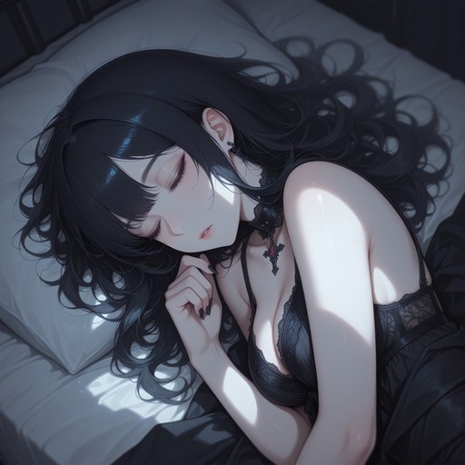 Anime girl with long black hair sleeping in bed wearing a black lace outfit and cross choker.