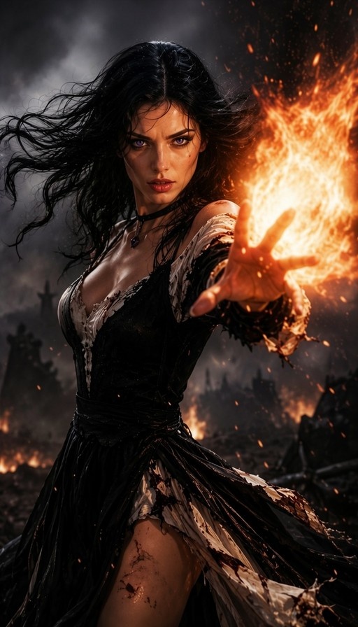 A woman with long black hair and purple eyes casts a fireball from her outstretched hand while wearing a torn black dress in a ruined landscape.
