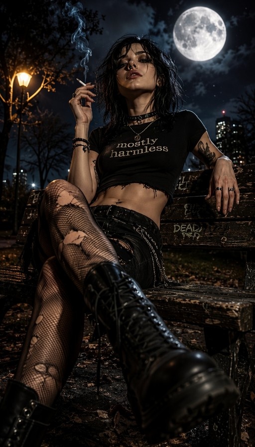 A tattooed woman with a nose piercing sits on a park bench at night under a full moon, smoking a cigarette while wearing a black crop top and ripped fishnet stockings.