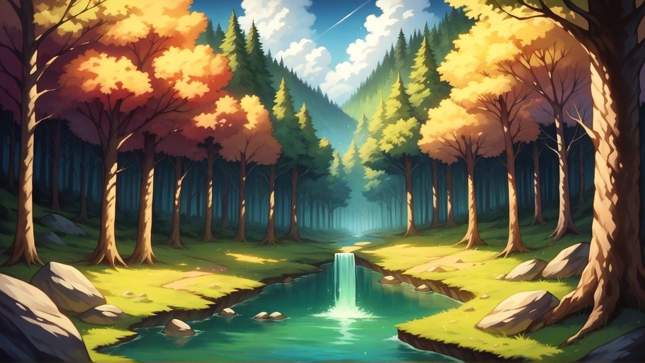 A vibrant digital illustration of an autumn forest landscape featuring a small waterfall cascading into a stream, surrounded by golden foliage and green pine trees under a blue sky.
