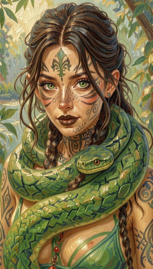 Impressionist portrait of a woman with tribal face paint and a green snake around her neck