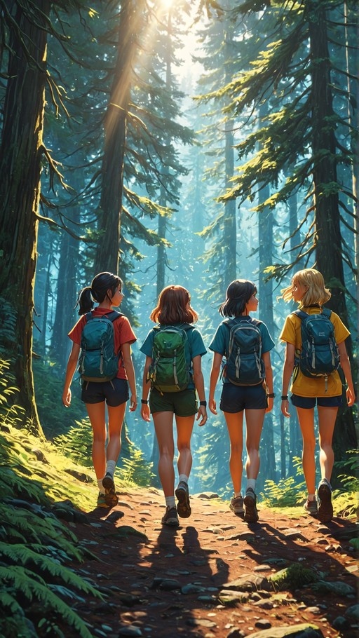Four girls with backpacks walking away on a forest path with sunlight filtering through the trees.