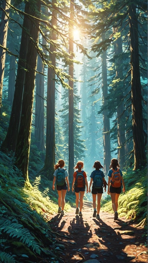 Four girls walking away on a forest trail towards the sun